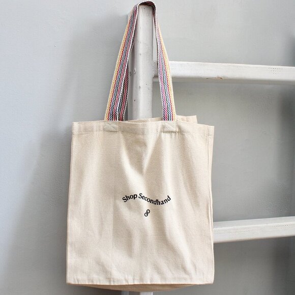 POSHMARK 'Shop Secondhand ' Cream Tan Rainbow Strap Canvas Tote Bag NWT - Picture 1 of 5